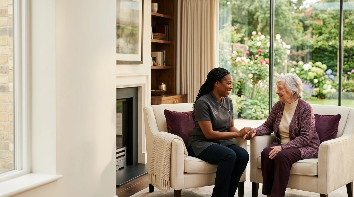 Cascadia carer and client sharing a warm moment in a bright Hampshire home