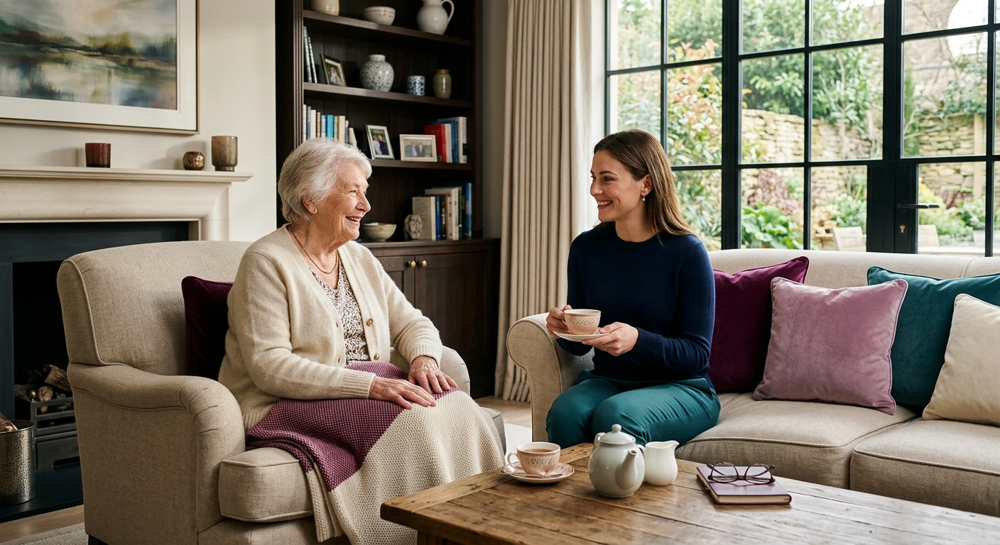 Carer sharing tea with an elderly lady at home in Hampshire