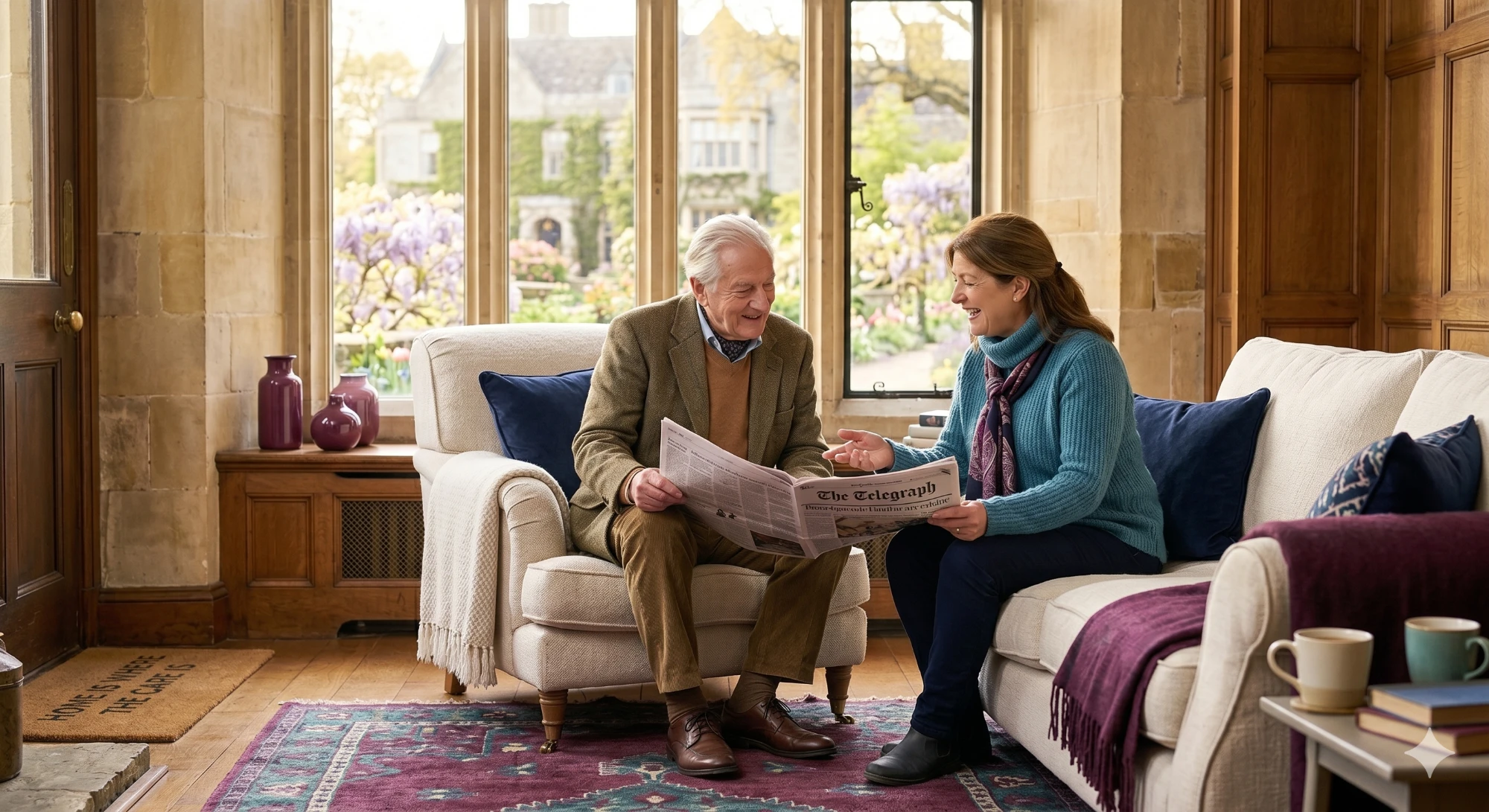 Live-in carer sharing the morning paper with a client in their Hampshire home